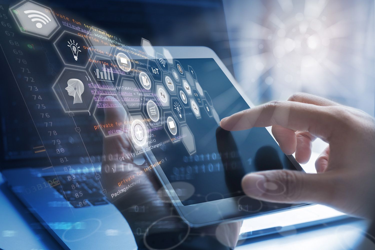 A person interacts with a tablet displaying digital icons and data graphics, with a futuristic interface overlay representing technology, cloud computing, and artificial intelligence concepts.