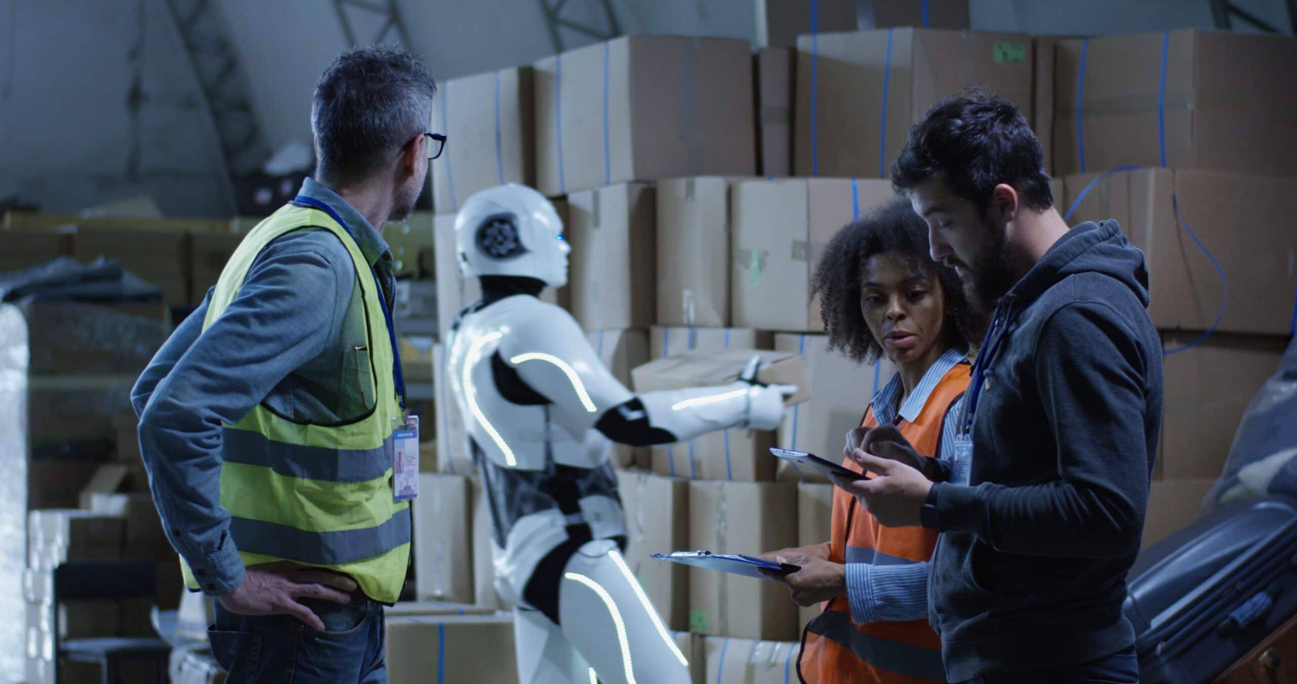 Three warehouse workers, two men and one woman, stand in front of stacked cardboard boxes. A humanoid robot is also present, appearing to work or organize boxes alongside them.