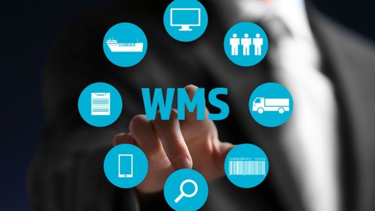 A person in a suit touches a transparent screen displaying WMS surrounded by blue circular icons, illustrating a warehouse management system case study with symbols for shipping, computer, people, truck, barcode, magnifying glass, smartphone, and checklist.