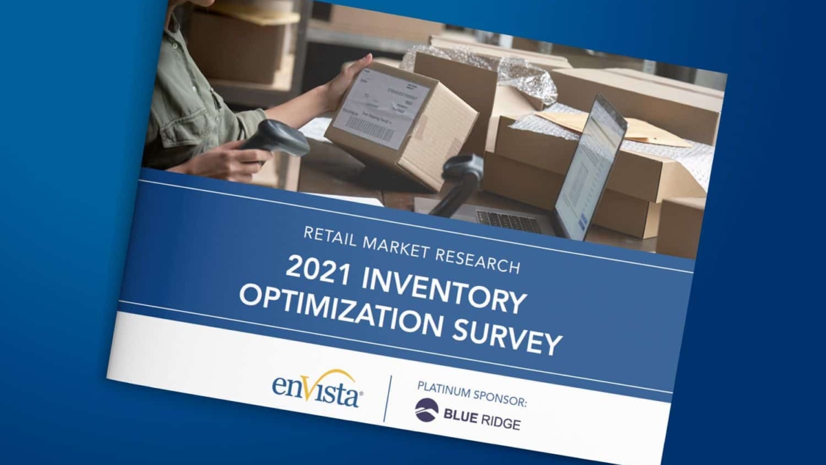 A report titled 2021 Inventory Optimization Survey lies on a blue surface. The cover shows a person handling packages with a laptop open, and features logos for enVista and platinum sponsor Blue Ridge.