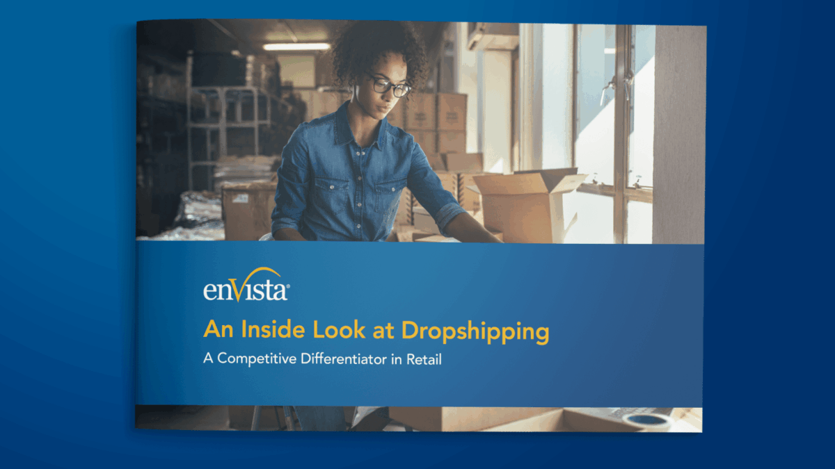 A booklet titled “An Inside Look at Dropshipping: A Competitive Differentiator in Retail” by enVista, featuring a woman working with packages in a warehouse, on a blue gradient background.