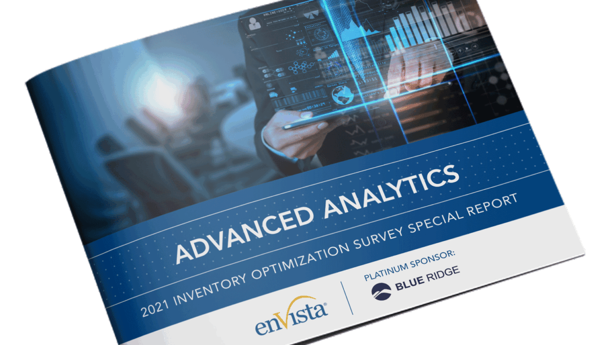 A booklet titled Advanced Analytics: 2021 Inventory Optimization Survey Special Report featuring digital graphs and charts, with logos for enVista and platinum sponsor Blue Ridge on the cover.