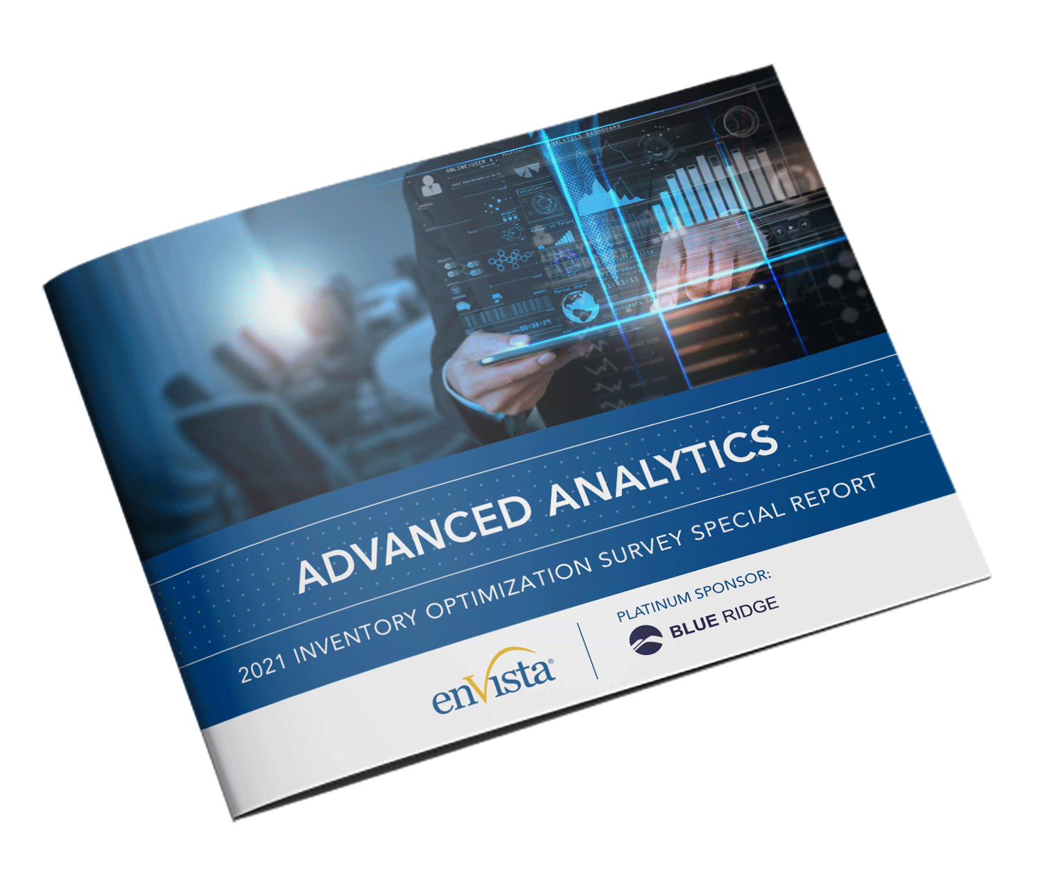 A booklet titled Advanced Analytics: 2021 Inventory Optimization Survey Special Report featuring digital graphs and charts, with logos for enVista and platinum sponsor Blue Ridge on the cover.