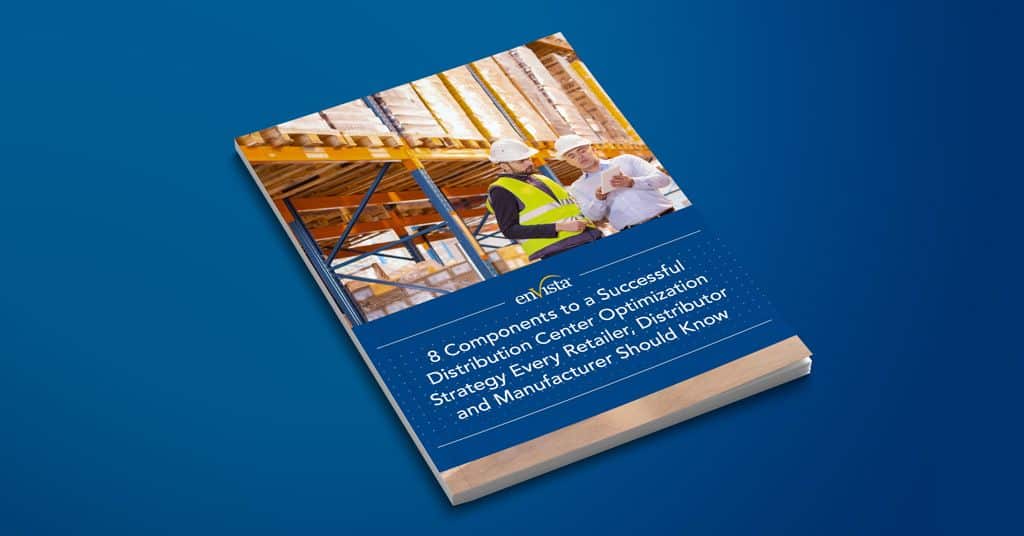 A booklet with a cover showing two people in hard hats at a construction site. The title reads, 8 Components to a Successful Distribution Center Optimization Strategy Every Retailer, Distributor, and Manufacturer Should Know.