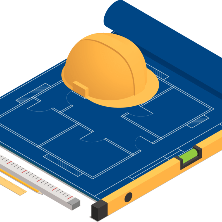 A designbuild contractor hat on a designbuild project blueprint.