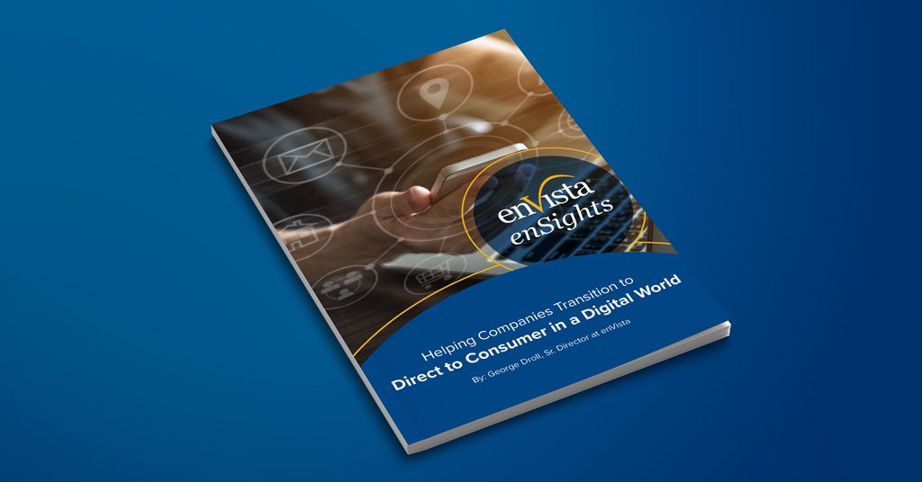 A booklet titled enVista enSights: Helping Companies Transition to Direct-to-Consumer in a Digital World lies on a blue surface, displaying digital icons and a hand interacting with a tablet on its cover.