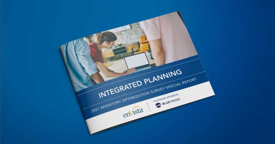 A booklet titled Integrated Planning: 2021 Inventory Optimization Survey Special Report lies on a blue surface. The cover features people working on a laptop and logos for en Vista and Blue Ridge.