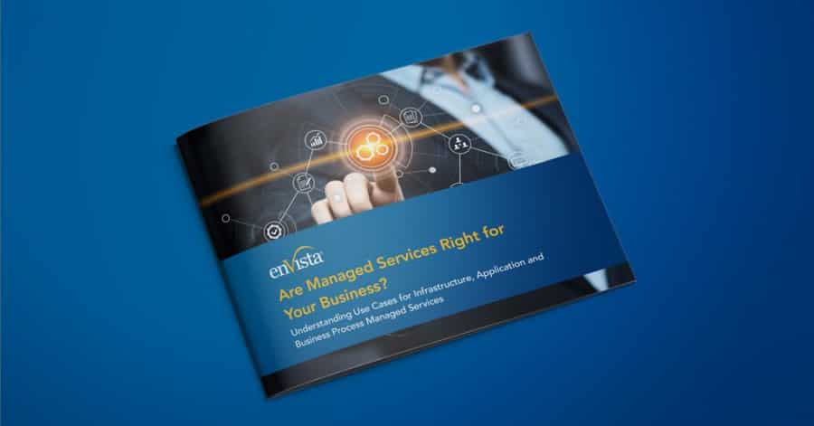 A brochure on a blue background featuring a person in business attire touching a digital network icon. The brochure title reads: Are Managed Services Right for Your Business? with additional text underneath.