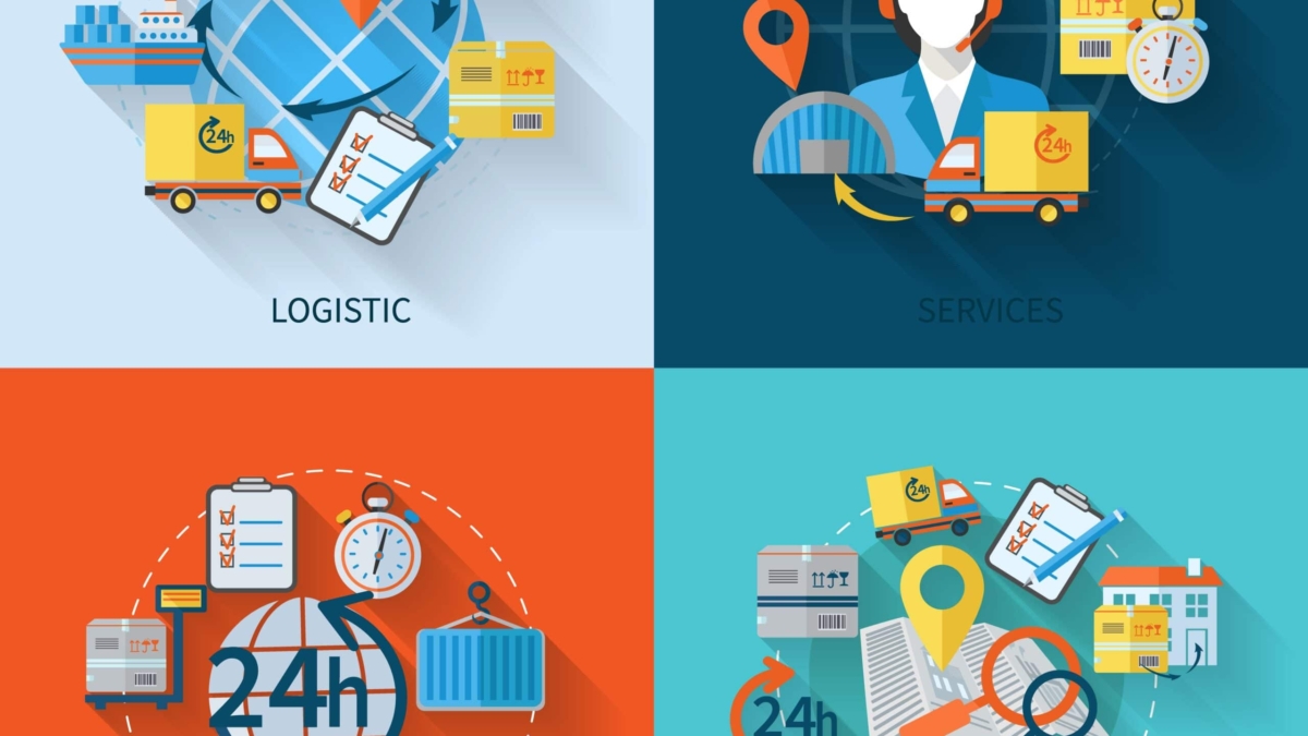 A grid of four colorful illustrations representing logistics, services, guaranteed quality, and delivery, each showing related icons like trucks, clocks, maps, packages, and a customer service representative.