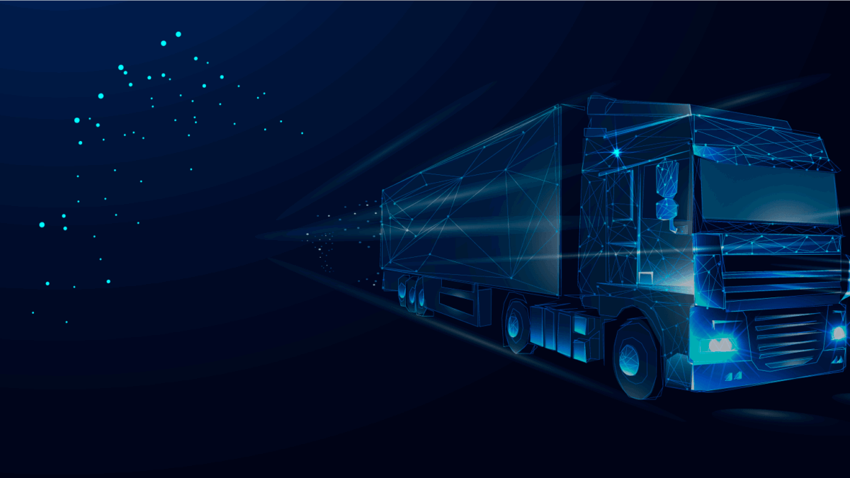 A digital illustration of a semi-truck made of blue glowing lines and geometric shapes, driving forward on a dark background with scattered light particles trailing behind it.