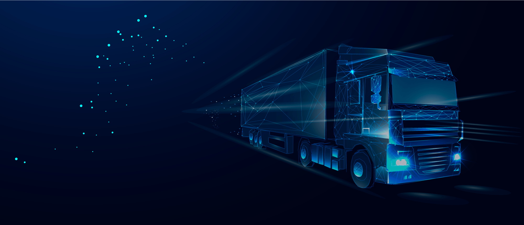 transportation-cover-art A digital illustration of a semi-truck made of blue glowing lines and geometric shapes, driving forward on a dark background with scattered light particles trailing behind it.