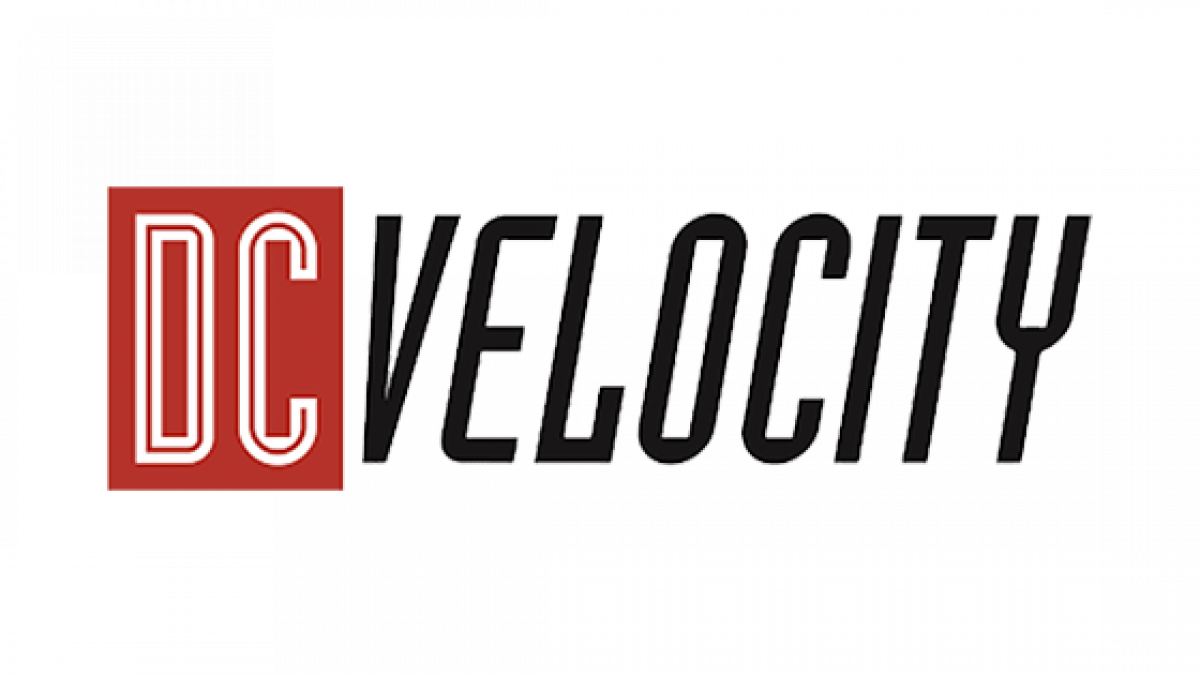 The DC Velocity logo features the letters DC in white within a red rectangle, followed by the word VELOCITY in bold, black, italicized capital letters on a light gray background.