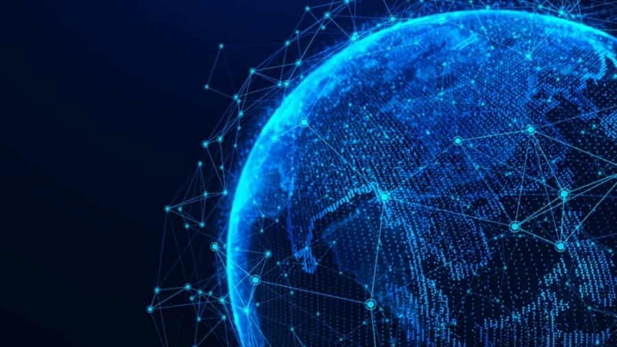 A digital, blue-toned rendering of Earth viewed from space, overlaid with glowing network lines and connection points, symbolizing global connectivity and data exchange.