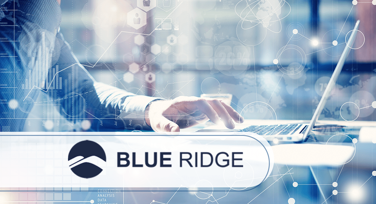 A person’s hand using a laptop with a digital interface overlay. The foreground shows the Blue Ridge logo and text on a translucent panel. The background is blurred with abstract tech and data icons.
