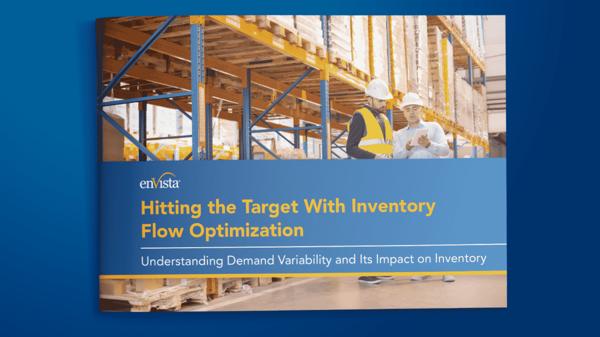 A warehouse scene with two workers in safety vests and helmets talking; shelves stocked with boxes in the background. The cover text reads: Hitting the Target With Inventory Flow Optimization.