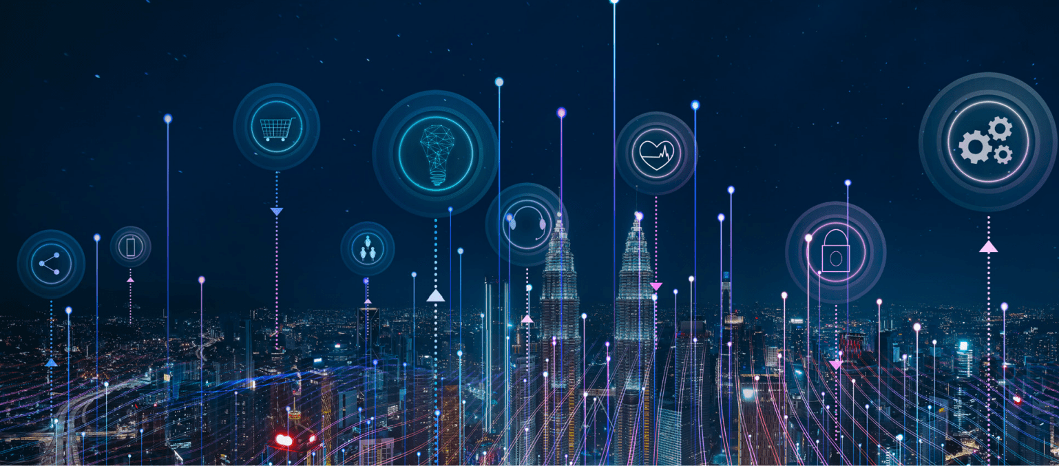 A futuristic city skyline at night with glowing digital icons above buildings, representing technology concepts like shopping, healthcare, security, cloud storage, gears, and communication. Lines connect the icons to the city below.