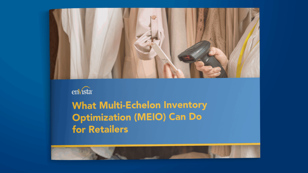 A person scans a clothing tag with a barcode scanner in a retail setting. The text on the image reads: What Multi-Echelon Inventory Optimization (MEIO) Can Do for Retailers.