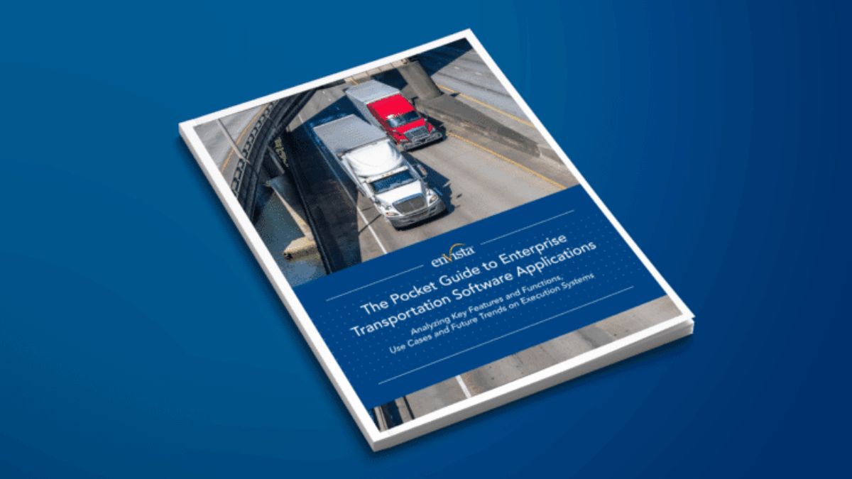 A book titled The Pocket Guide to Enterprise Transportation Software Applications with a cover image of trucks driving on a highway under an overpass, placed on a blue background.