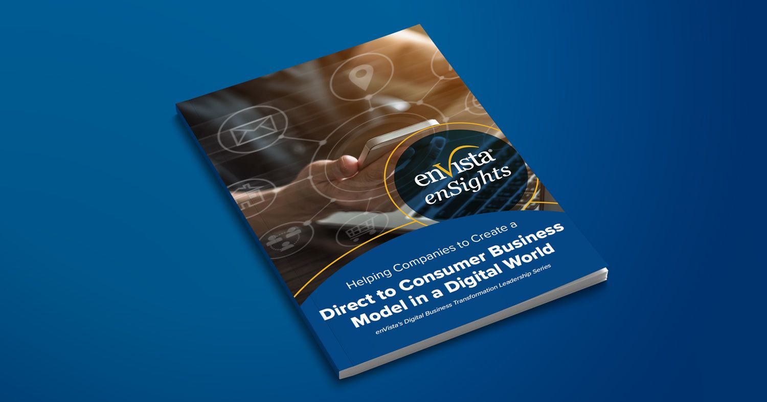 A business report titled enVista enSights: Helping Companies to Create a Direct to Consumer Business Model in a Digital World rests on a blue background, featuring digital icons and a hand touching a transparent screen.