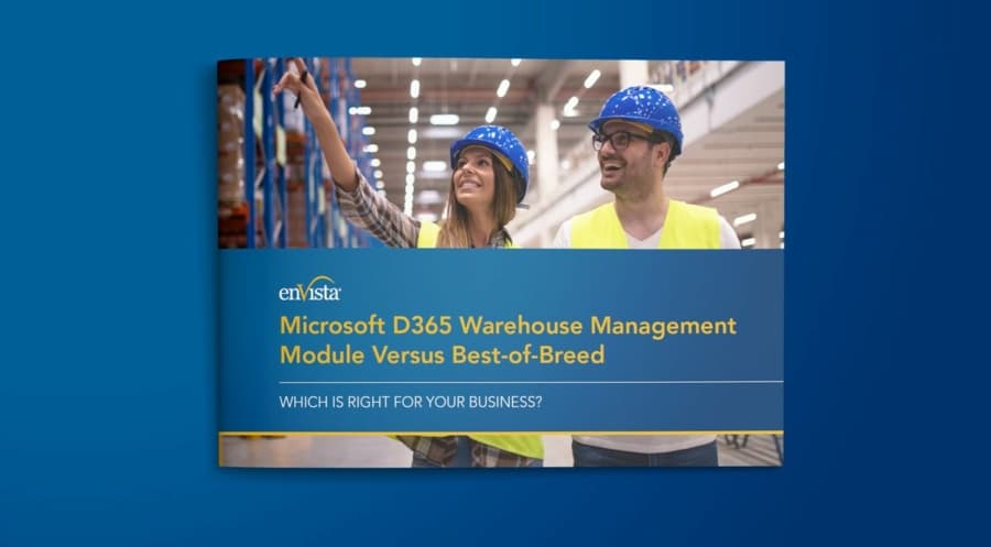 Two people in safety vests and blue hard hats stand in a warehouse, smiling and pointing, with text overlay: Microsoft D365 Warehouse Management Module Versus Best-of-Breed. WHICH IS RIGHT FOR YOUR BUSINESS?.