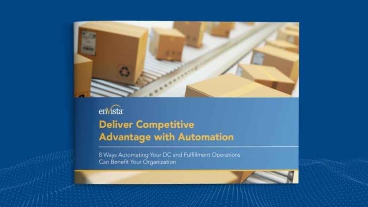 A book cover titled Deliver Competitive Advantage with Automation shows cardboard boxes on a conveyor belt. The subtitle reads, 8 Ways Automating Your DC and Fulfillment Operations Can Benefit Your Organization.