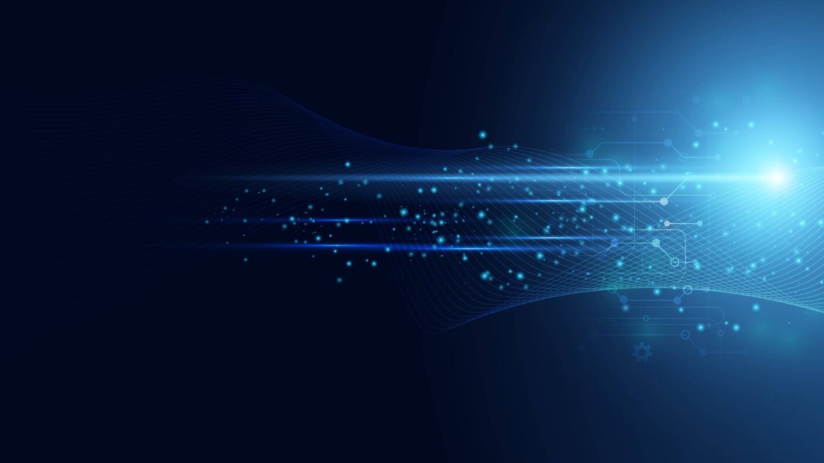 Abstract digital background with blue light streaks, glowing particles, and circuit-like patterns on a dark blue gradient, evoking technology solutions, speed, and seamless data flow.
