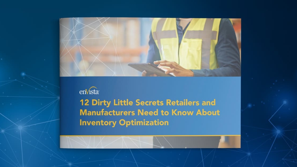 A booklet cover titled 12 Dirty Little Secrets Retailers and Manufacturers Need to Know About Inventory Optimization with a person in a safety vest using a tablet in the background.