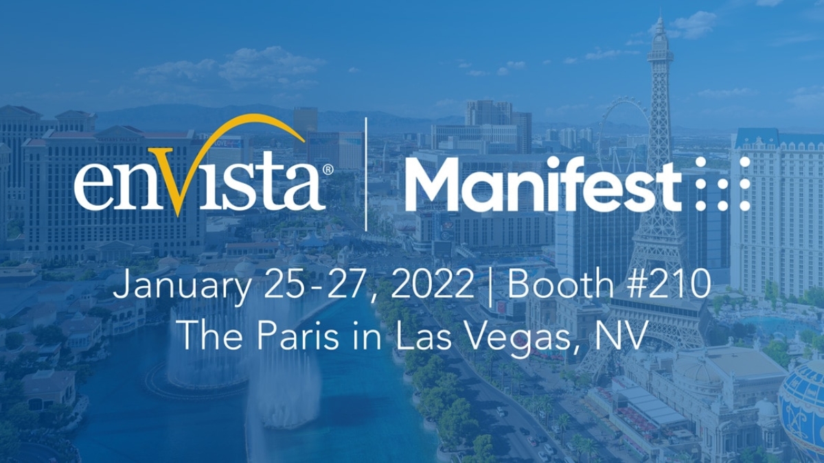 Promotional graphic for enVista and Manifest, with event details: January 25-27, 2022, Booth #210, The Paris in Las Vegas, NV. The background features the Las Vegas skyline and the Paris hotel’s Eiffel Tower replica.