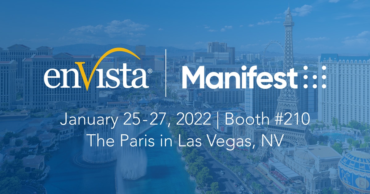 Promotional graphic for enVista and Manifest, with event details: January 25-27, 2022, Booth #210, The Paris in Las Vegas, NV. The background features the Las Vegas skyline and the Paris hotel’s Eiffel Tower replica.