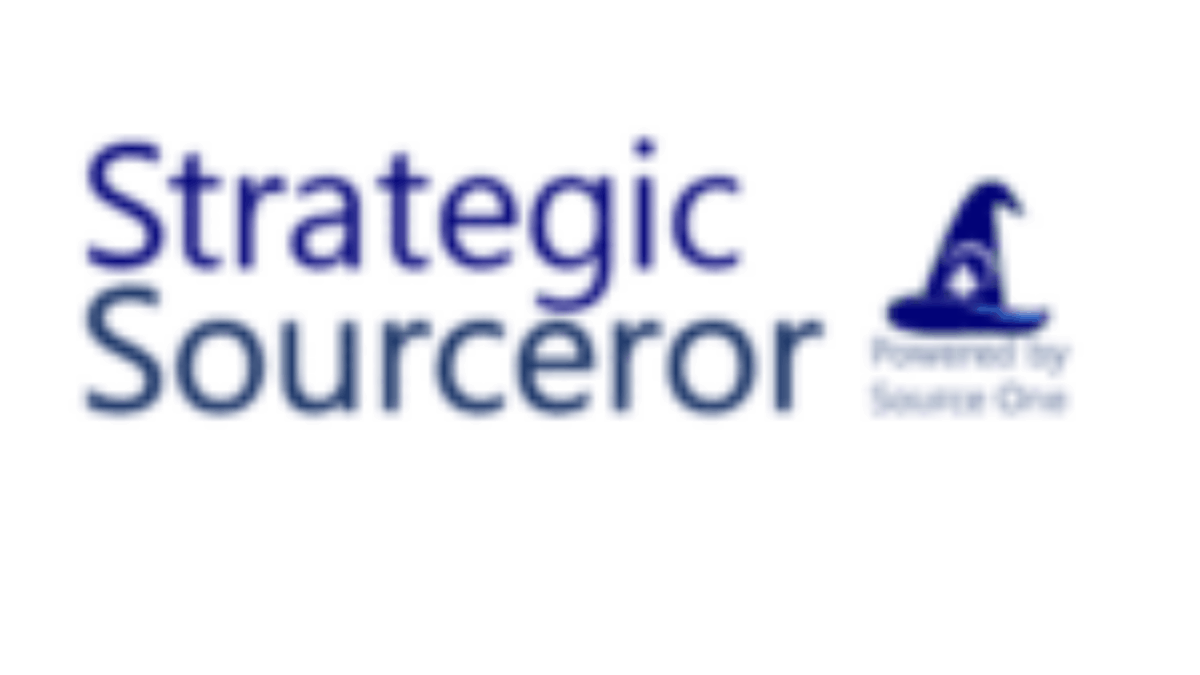 Logo for Strategic Sourceror with a blue wizard hat graphic and the text Powered by Source One beneath the hat on a white background.