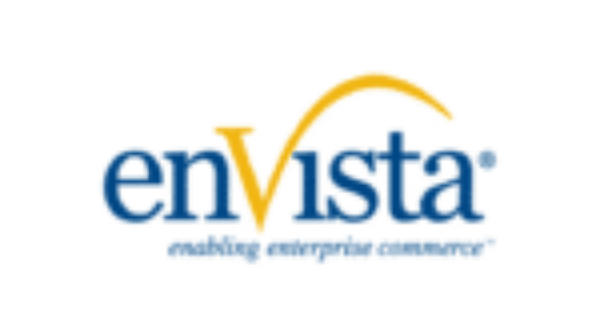 The image shows the enVista logo with enVista in blue text; the “V” is stylized with a gold swoosh. Below, in smaller blue text, it reads, “enabling enterprise commerce.” The background is white.