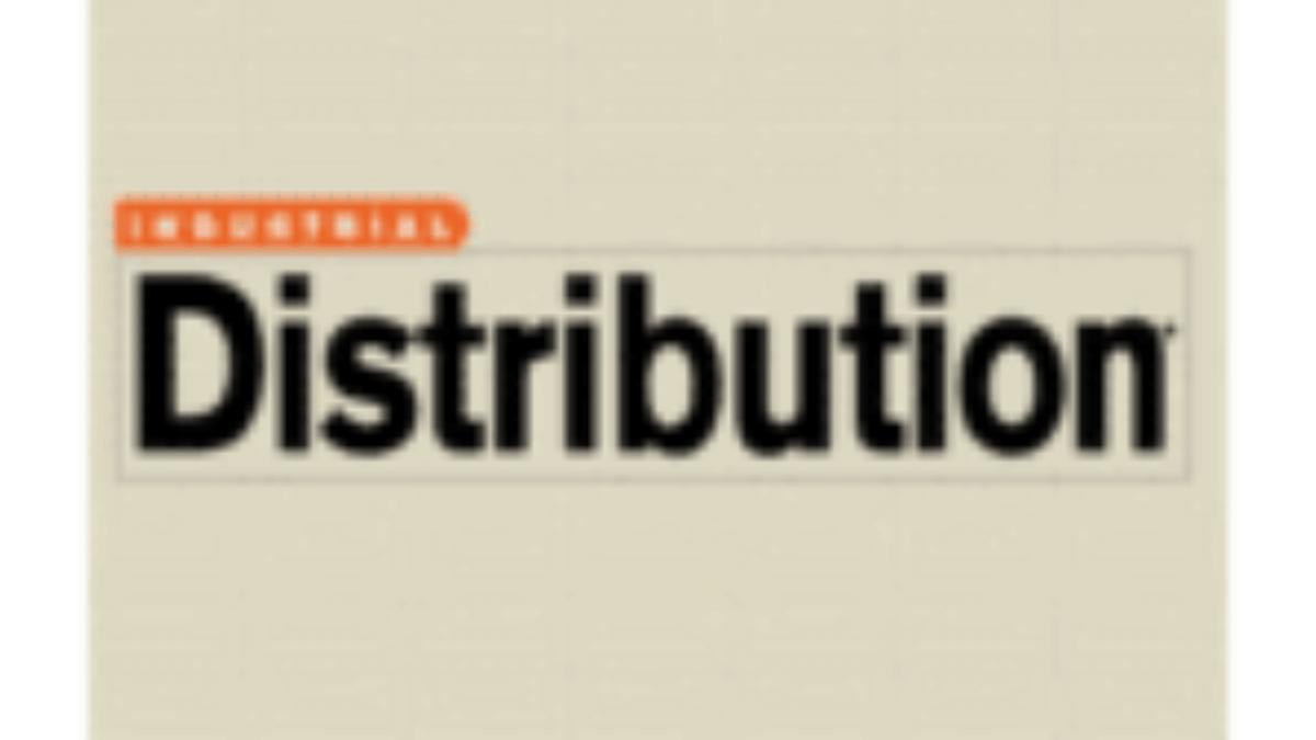 Logo with the word Distribution in large black letters and the word Industrial in smaller white letters on an orange background, set against a beige background.