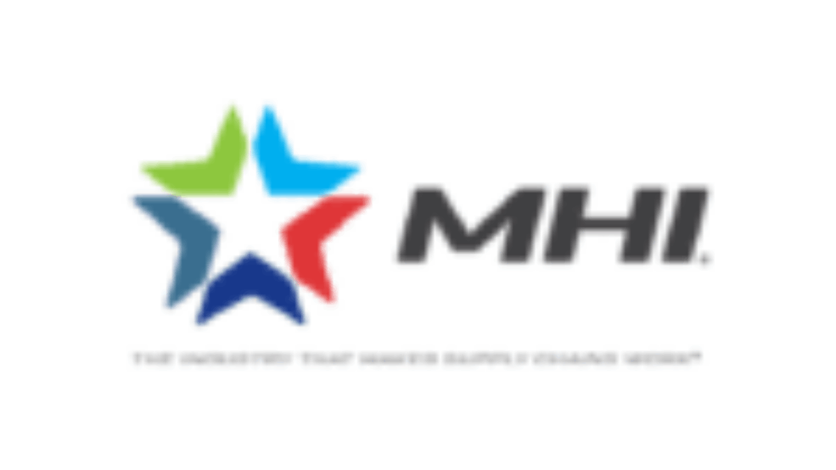 MHI logo featuring a stylized star in blue, green, and dark blue, next to the bold letters MHI. Below is the tagline: The Industry That Makes Supply Chains Work.