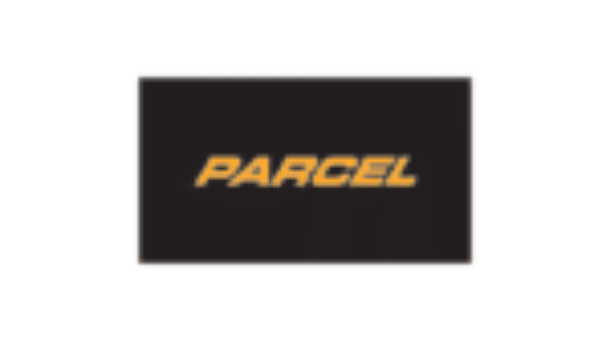 The word PARCEL is centered in bold, yellow, uppercase letters on a black rectangular background.