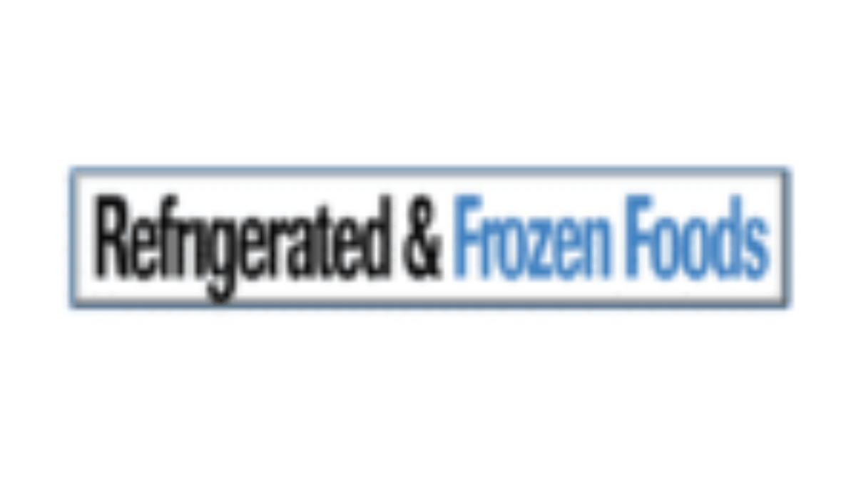 Logo with the text Refrigerated & Frozen Foods. Refrigerated & is in black, and Frozen Foods is in blue, all inside a rectangular border.