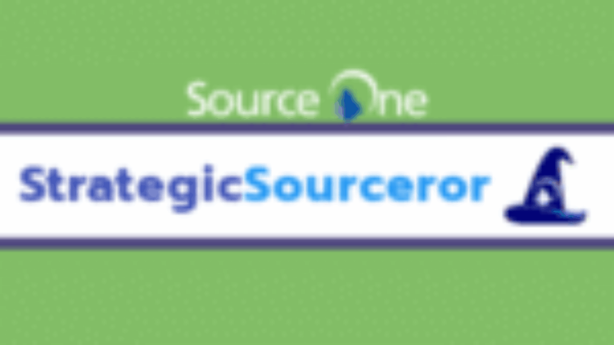 A green and white banner displays the Source One logo above the text StrategicSourceror in blue and navy, with a wizard hat graphic on the right side of the text.