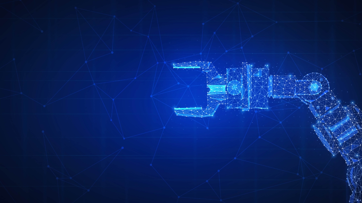 A digital illustration of a robotic arm made of glowing blue lines and dots, resembling a wireframe model, set against a dark blue background with abstract geometric network patterns.