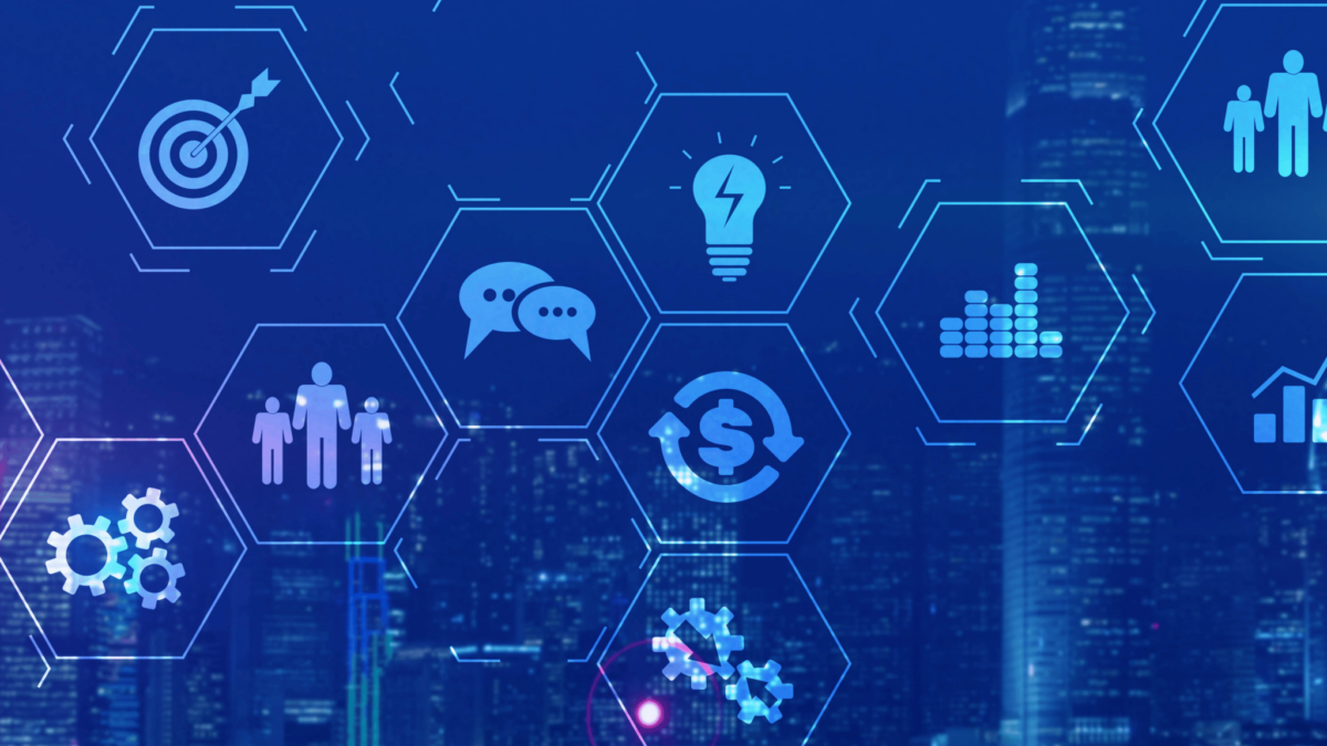 Blue-toned cityscape background with translucent hexagons containing business-related icons, such as a target, chat bubbles, lightbulb, gears, people, money exchange, growth chart, and network connections.