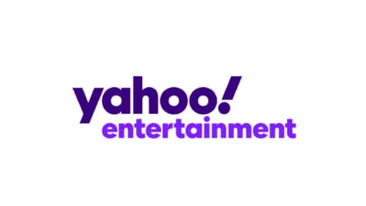 The image shows the Yahoo Entertainment logo with yahoo! in bold dark purple letters and entertainment in a lighter purple below it, all on a white background.