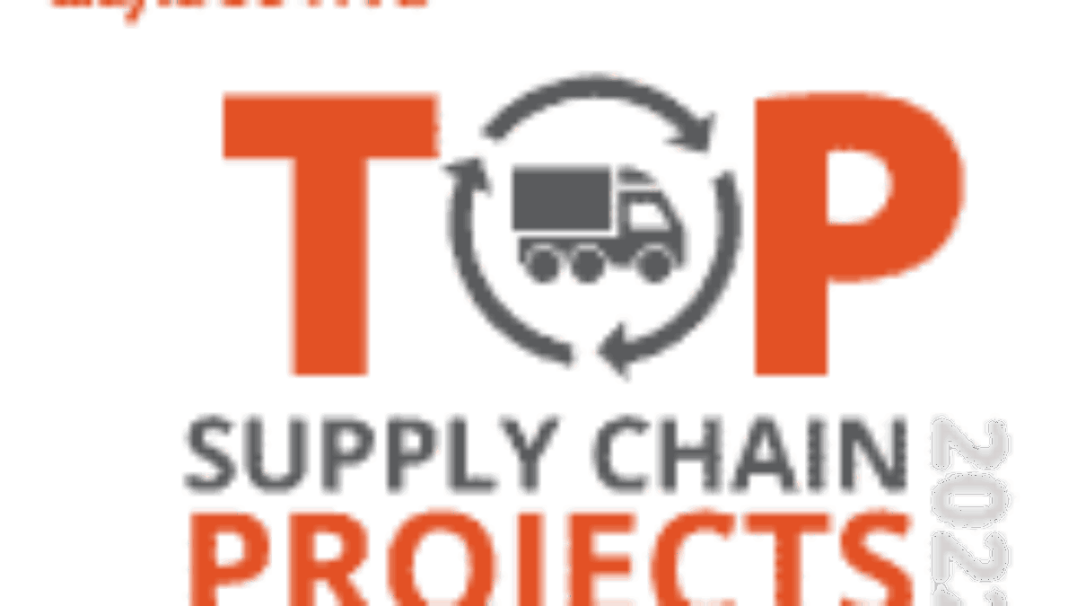 Logo for Top Supply Chain Projects 2022 by Supply & Demand Chain Executive, featuring bold orange text and a truck with arrows forming a circular path.