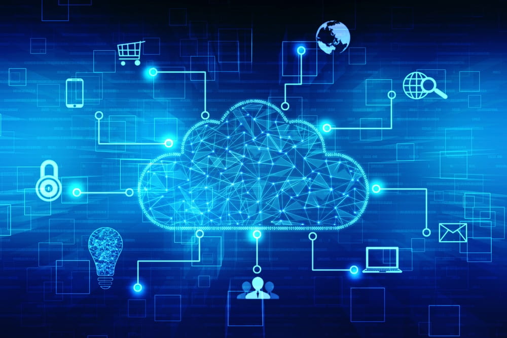 A glowing cloud icon in the center is surrounded by digital icons such as a lock, shopping cart, globe, laptop, email, and light bulb, representing various internet and cloud computing concepts on a blue digital background.