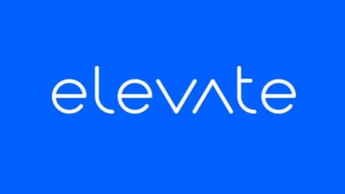 White lowercase text elevate on a bright blue background, with a stylized v resembling an upside-down A.