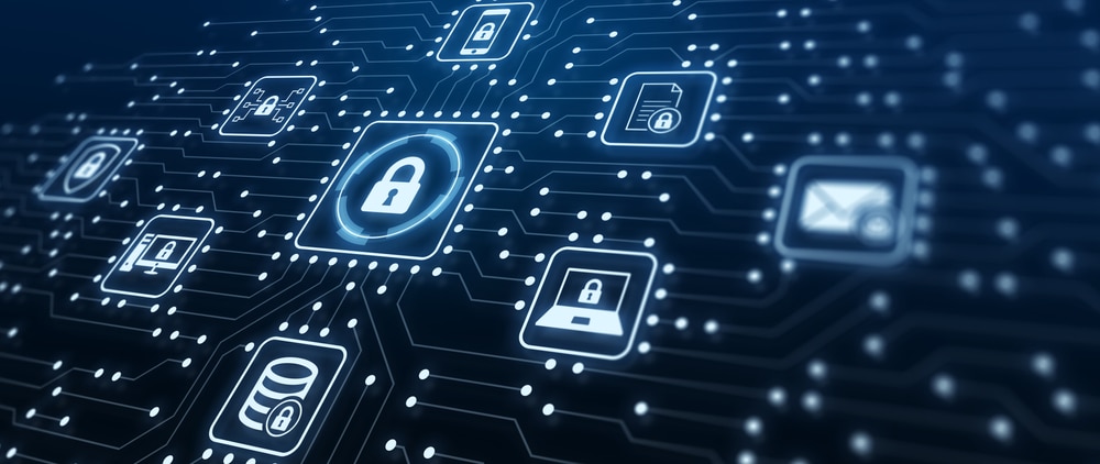 Digital illustration of a circuit board with glowing padlock icons, computer, email, and database symbols, representing cybersecurity and secure data connections on a dark background.