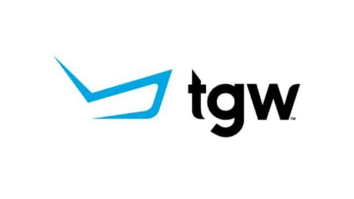 The image shows the tgw logo, featuring the lowercase letters tgw in bold black font next to a blue, angular, abstract shape on a white background.