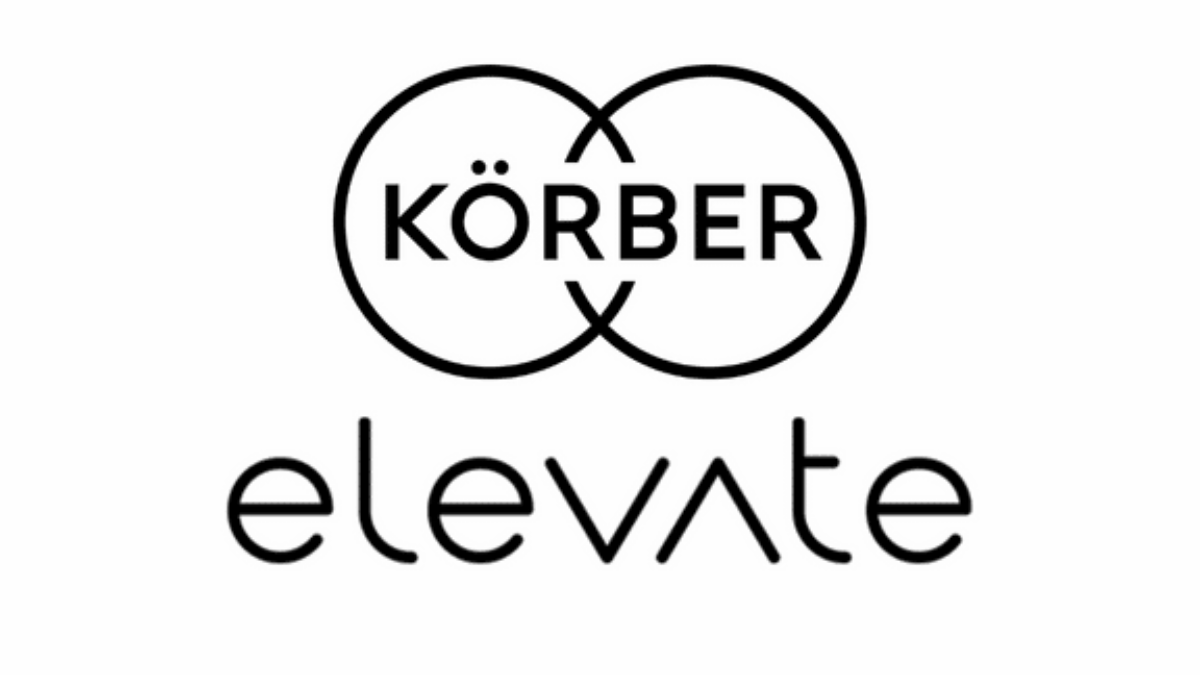 Black text logo on white background. Two overlapping circles contain the word KÖRBER. Below, the word elevate is written in lowercase, with the v shaped like an upside-down triangle.
