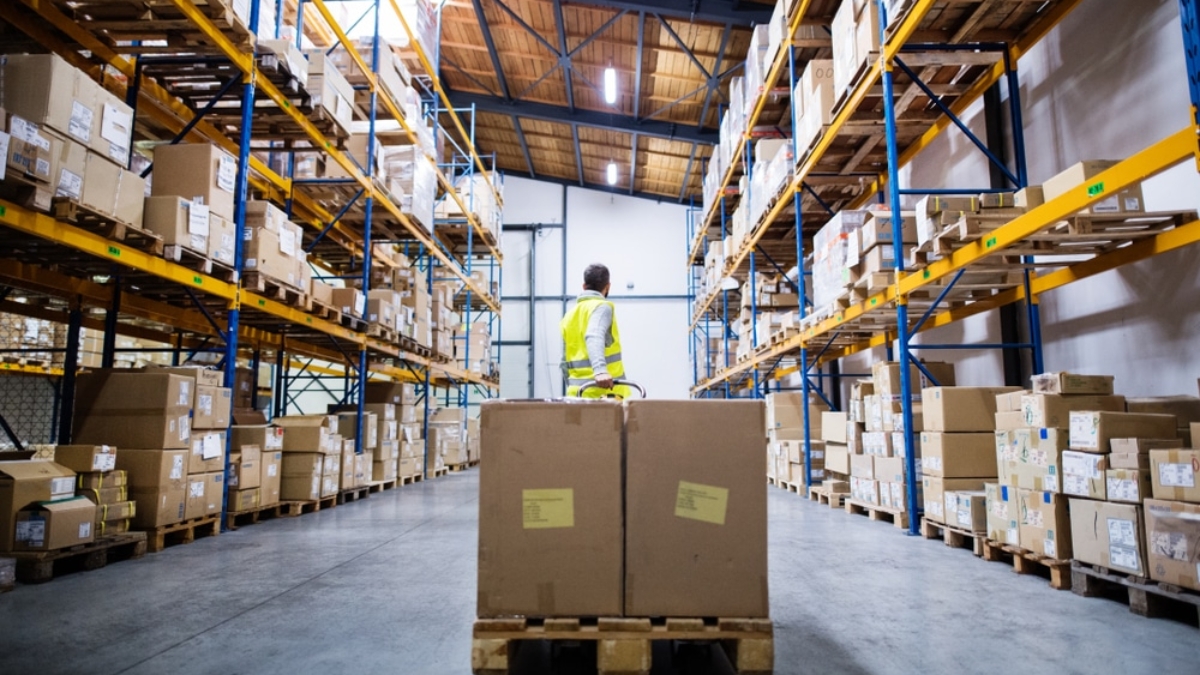 A worker in a high-visibility vest stands in a large ab701 warehouse filled with stacked boxes on shelves, with two large boxes on a pallet in the foreground.