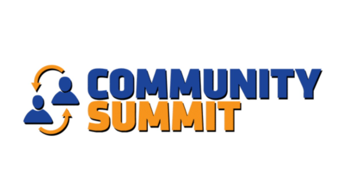 Logo with two blue user icons connected by orange arrows on the left, and the words Community Summit in bold blue and orange text on the right. White background.