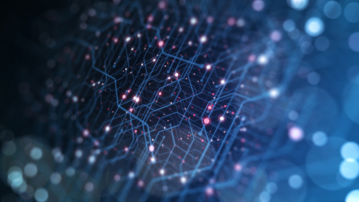 Abstract digital illustration of a network with interconnected blue lines and glowing nodes, representing Microsoft Application Management or data connections on a dark background with bokeh light effects.