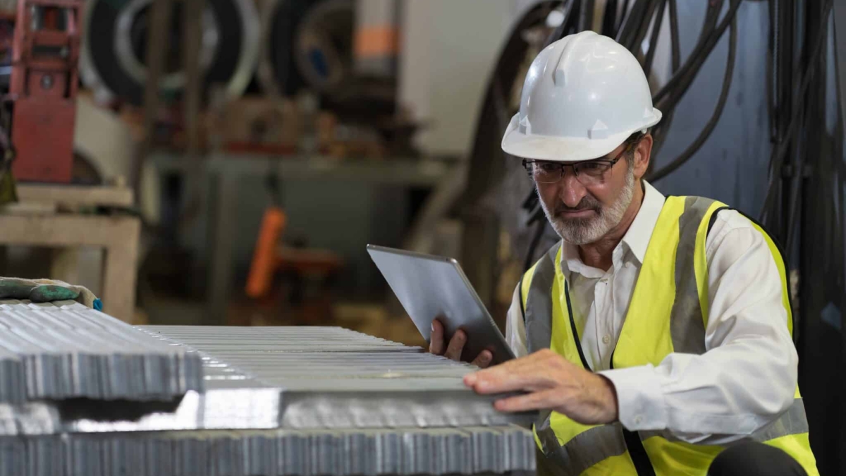 A man wearing a white hard hat, safety glasses, and a yellow reflective vest inspects metal sheets in a factory while holding a tablet. Industrial equipment is visible in the background.