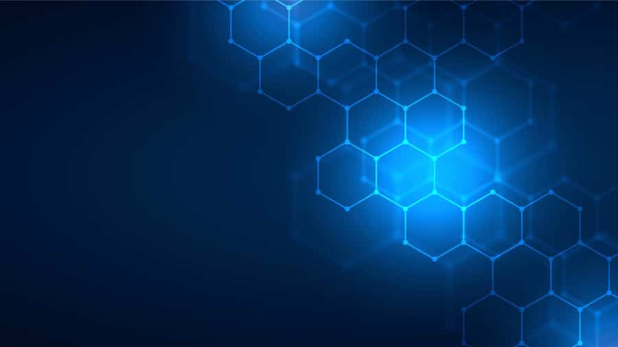 Blue glowing hexagonal shapes connect on a dark blue background, creating a futuristic, digital technology pattern reminiscent of Microsoft Business Solutions. The hexagons are brighter on the right and fade toward the left.